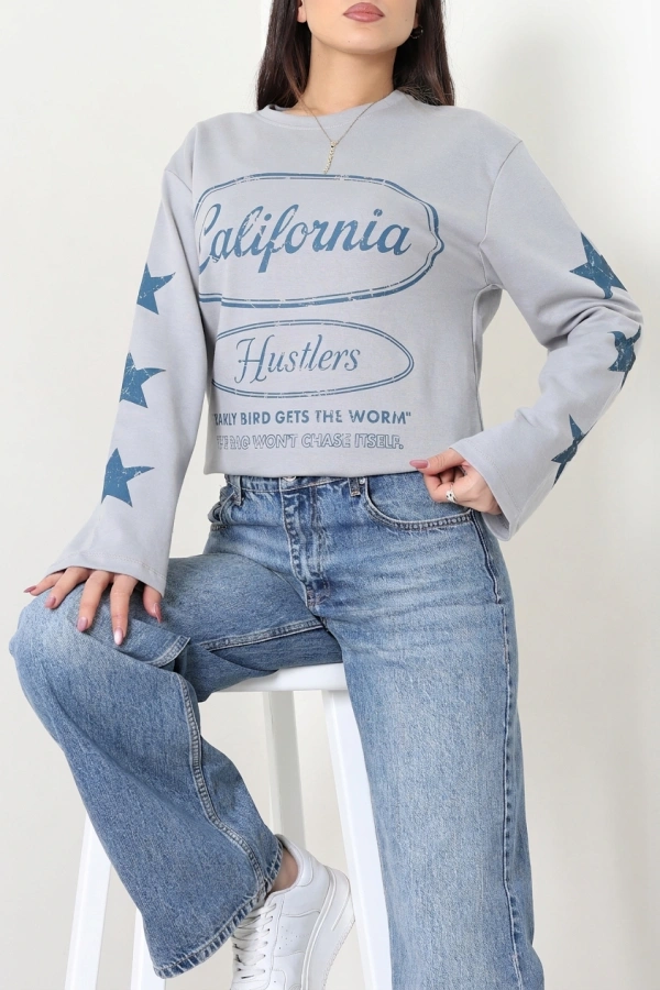 Kadın Dumangri 2 İplik Baskılı Bisiklet Yaka Sweatshirt