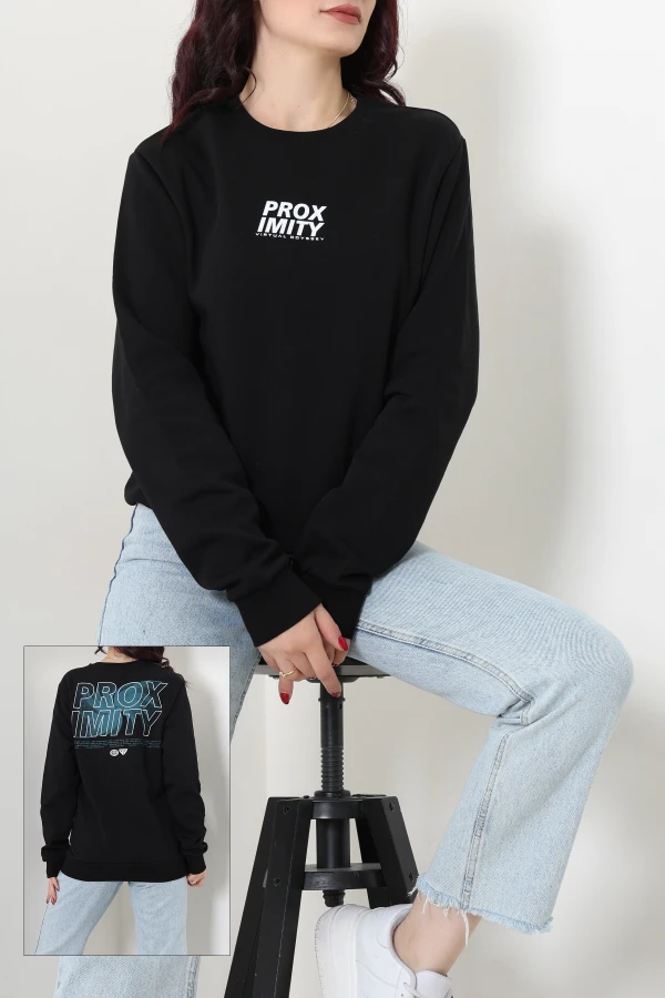 Baskılı Şardonlu Sweat Siyah