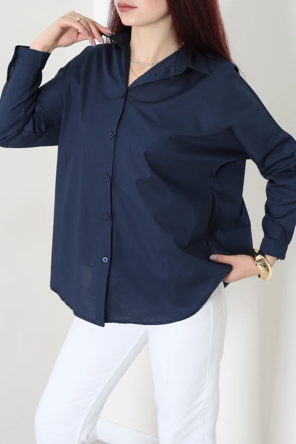 Oversize Poplin Gömlek Lacivert 7