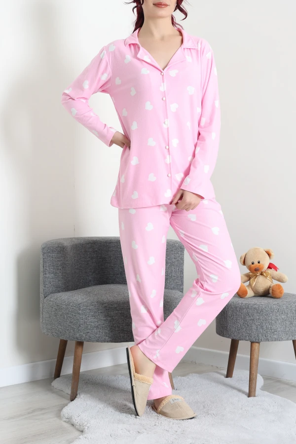 Kadın Pembe Kalpli Süet Düğmeli Pijama Takımı 2