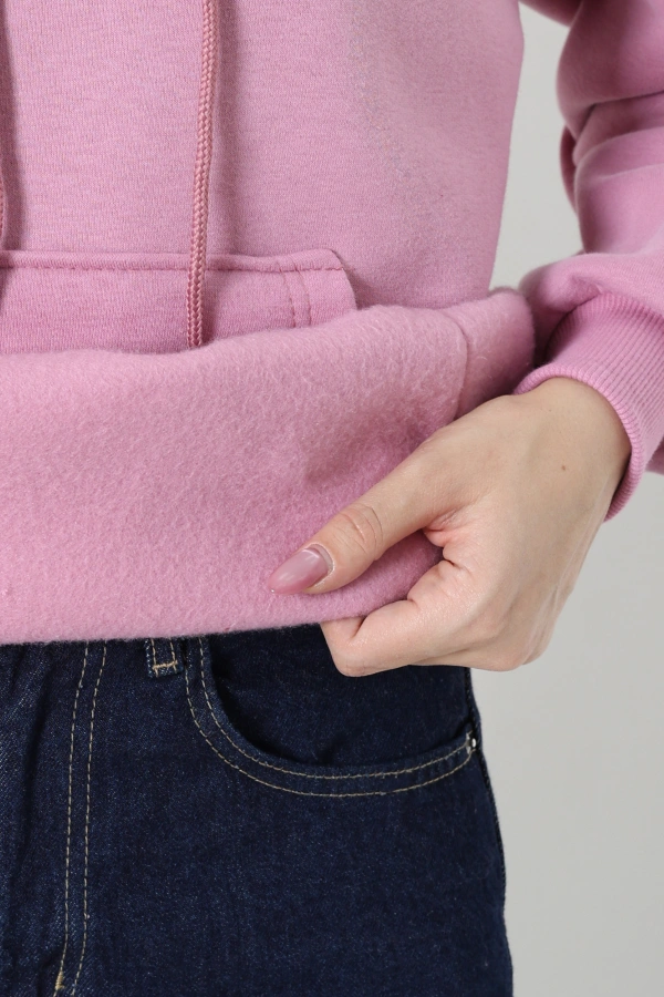 Kadın Pembe Üç İplik Kapüşonlu Nakışlı Sweat Tunik 7