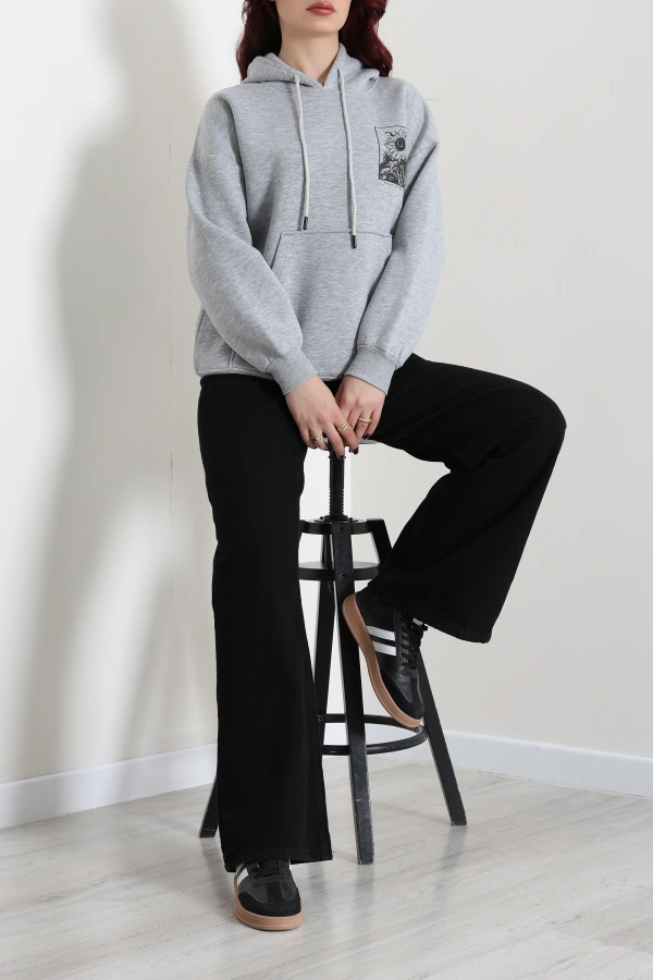 Kadın Gri Kapüşonlu Baskılı Oversize Sweat Tunik 2