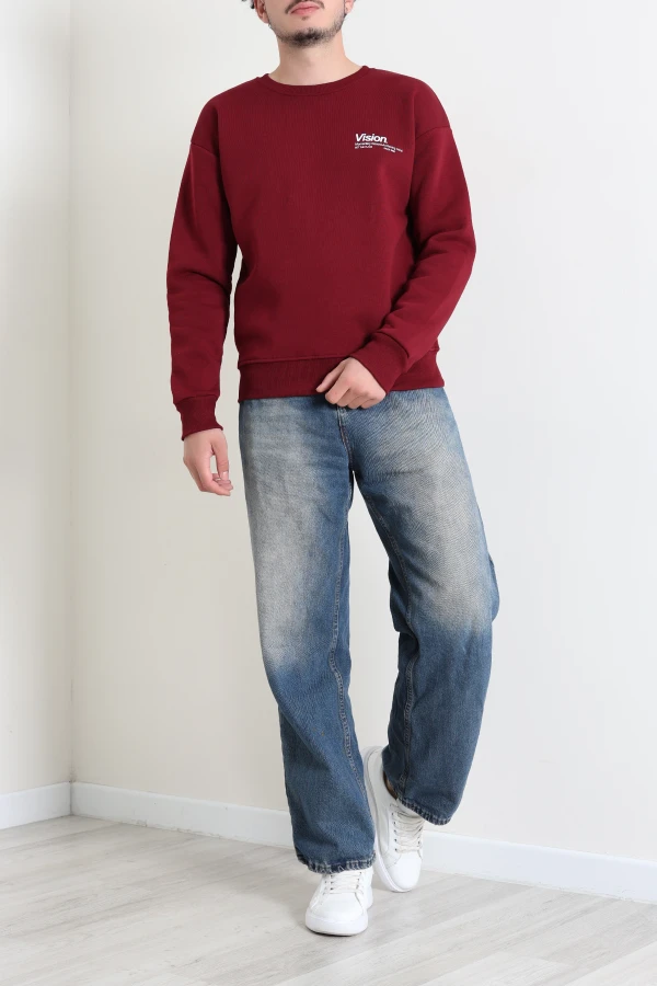 Bisiklet Yaka Baskılı Şardonlu 3 İplik Erkek Sweat Bordo 5
