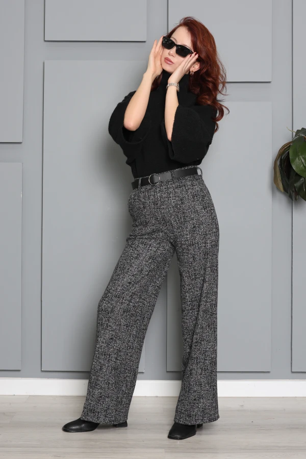 Kadın Gri Kemerli Geniş Paça Jakar Pantolon 2
