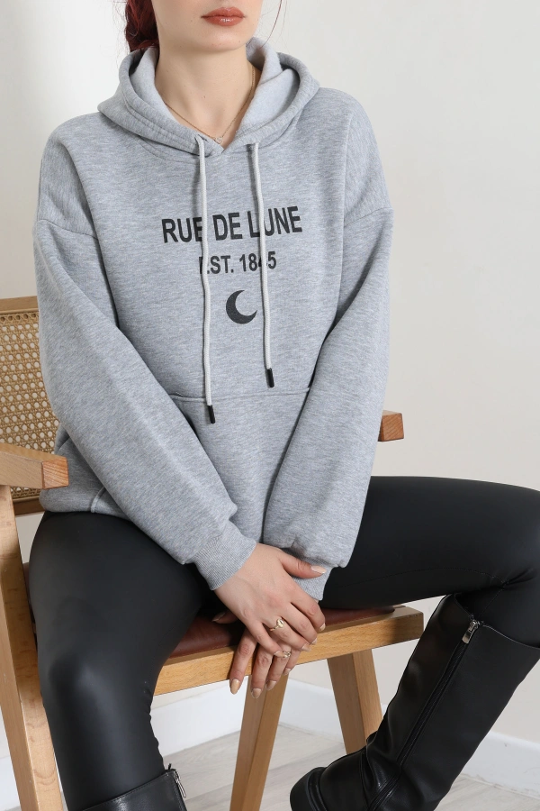 Kapşonlu Baskılı Sweat Gri