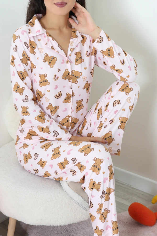 Süet Düğmeli Pijama Takımı Pembekahve 5