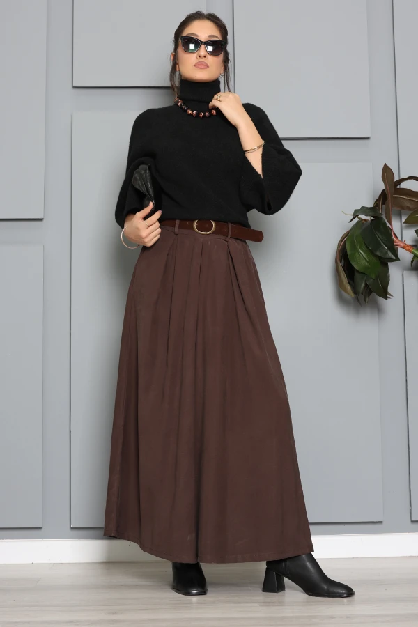 Tensel Gabardin Kemerli Pantolon Kahve