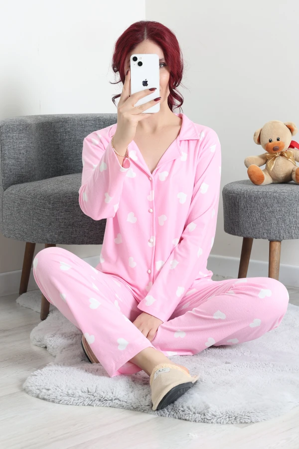 Kadın Pembe Kalpli Süet Düğmeli Pijama Takımı 6