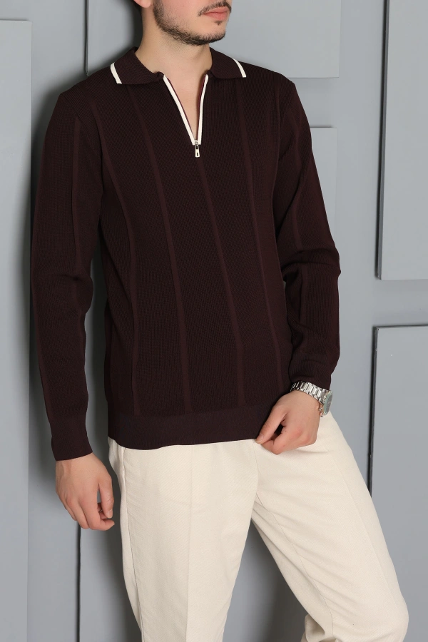 Çizgili Polo Yaka Erkek Triko Sweat Mürdüm