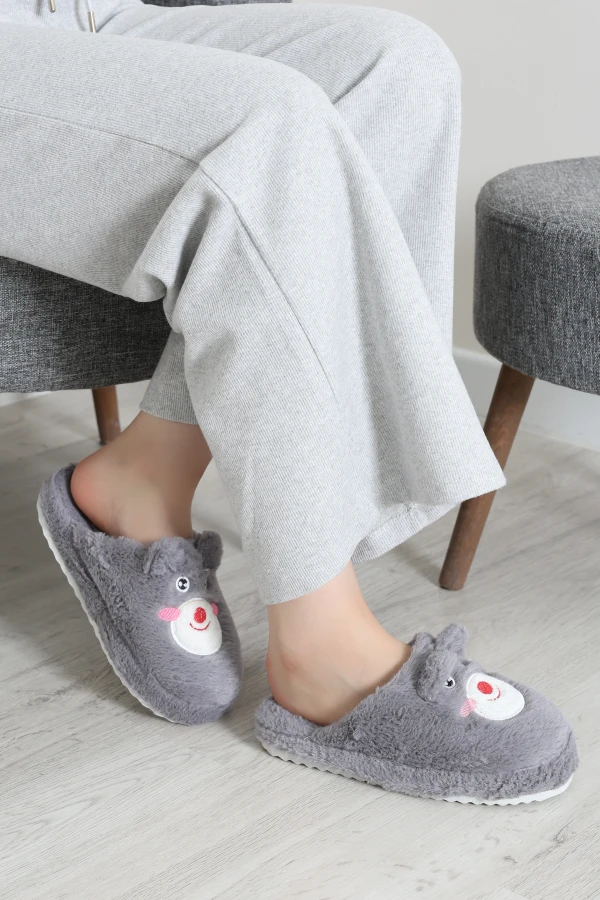 Peluş Desenli Kadın Ev Terliği Füme 3