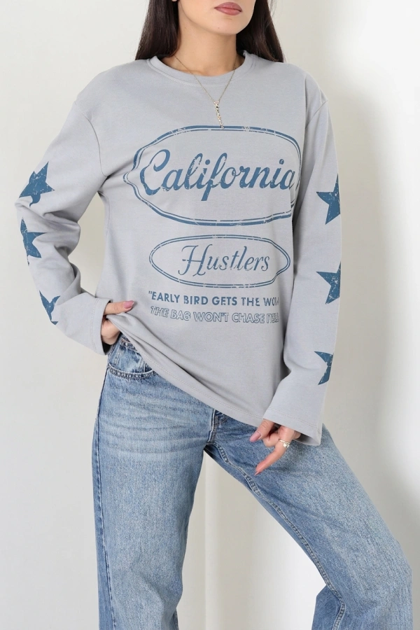 Kadın Dumangri 2 İplik Baskılı Bisiklet Yaka Sweatshirt 3