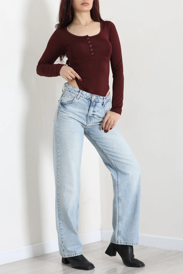 Kadın Bordo Dalgıç Bisiklet Yaka Uzun Kol Çıtçıtlı Body 4