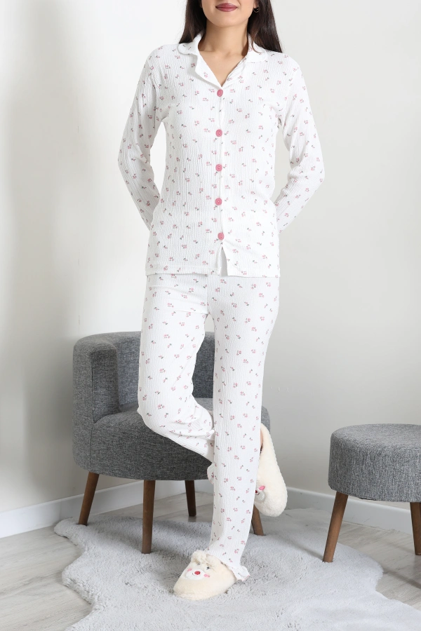 Kadın Beyazpembe Bürümcük Düğmeli Rahat Pijama Takımı 4