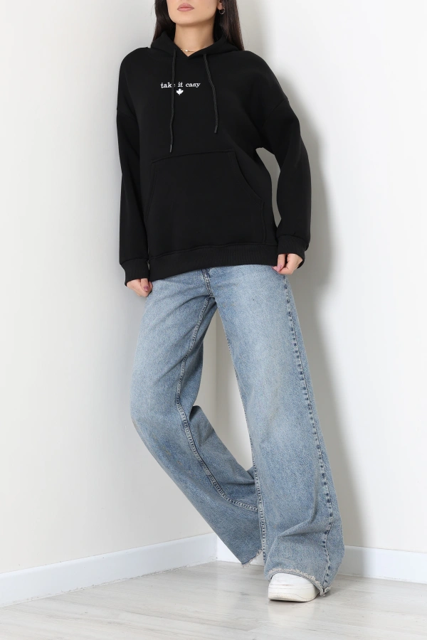 Kadın Siyah Üç İplik Kapüşonlu Nakışlı Sweatshirt Tunik 4