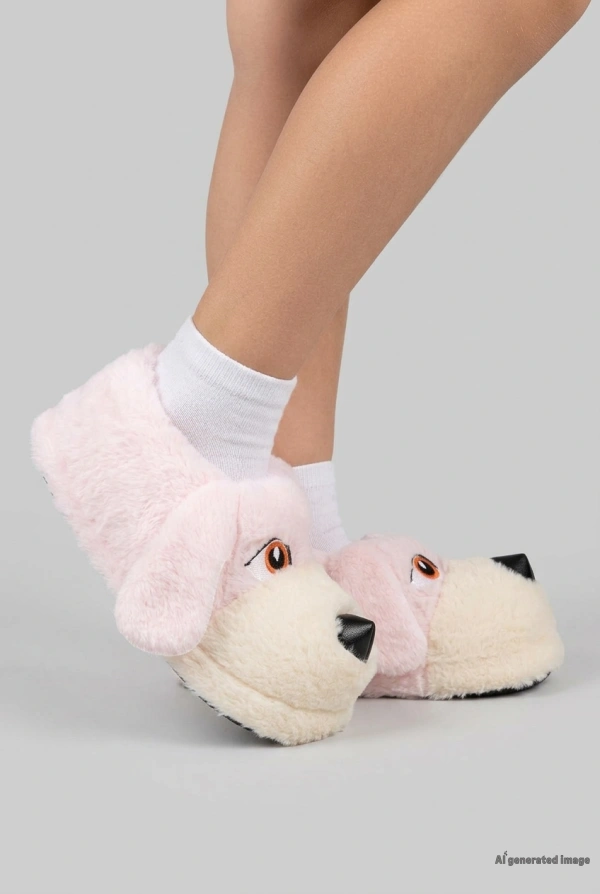 Çocuk Pudra Pembe Ev Panduf Sıcak Kaymaz Peluş Terlik 2