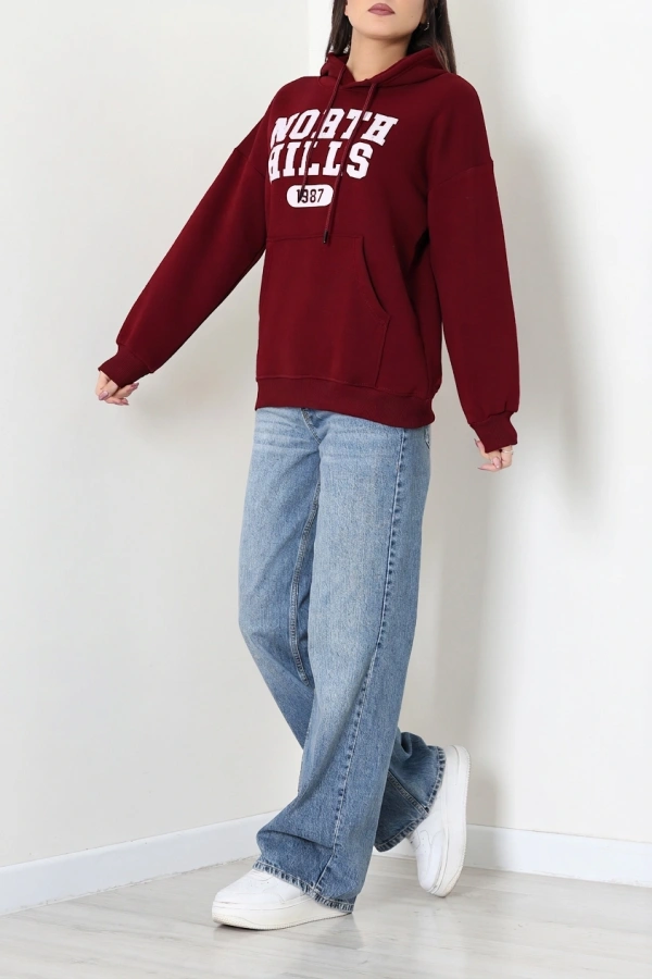 Kadın Bordo Kapüşonlu Baskılı Oversize Sweat Tunik 6