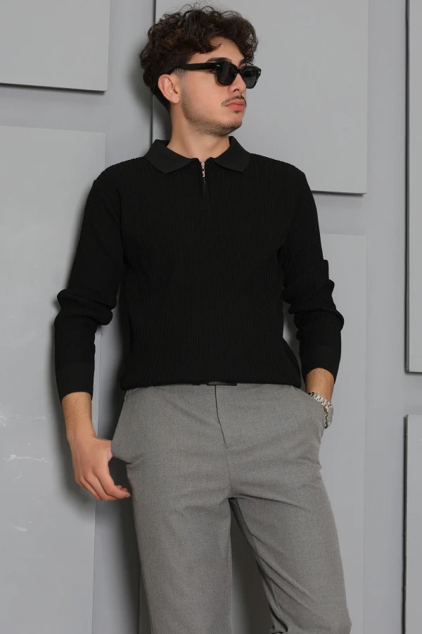 Fermuarlı Polo Yaka Erkek Triko Sweat Siyah 6