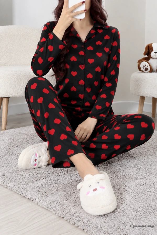 Süet Düğmeli Pijama Takım Siyahkalpli