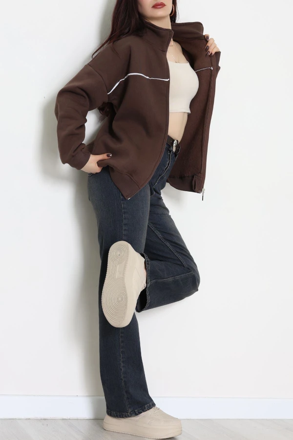 3 İplik Kompakt Oversize Biye Detaylı Sweat Kahve 7