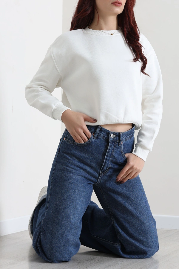Kadın Ekru 3 İplik Bisiklet Yaka Şardonlu Sweatshirt 2