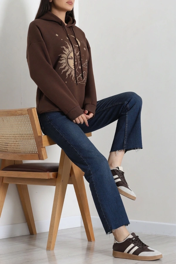 Kadın Kahve Üç İplik Kapüşonlu Baskılı Oversize Sweat 2