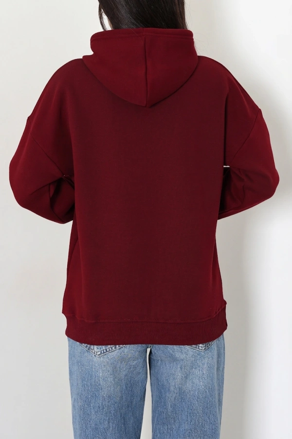 Kadın Bordo Kapüşonlu Baskılı Oversize Sweat Tunik 8