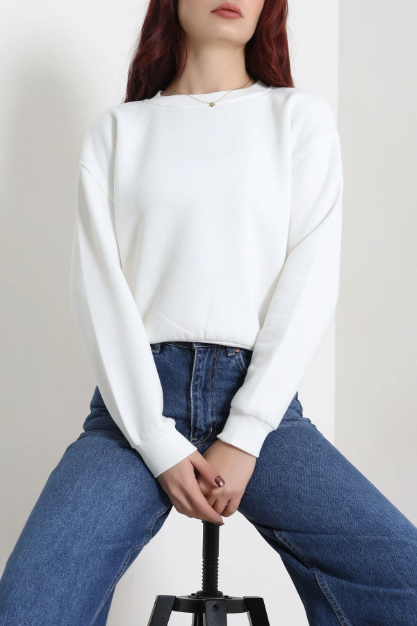 Kadın Ekru 3 İplik Bisiklet Yaka Şardonlu Sweatshirt