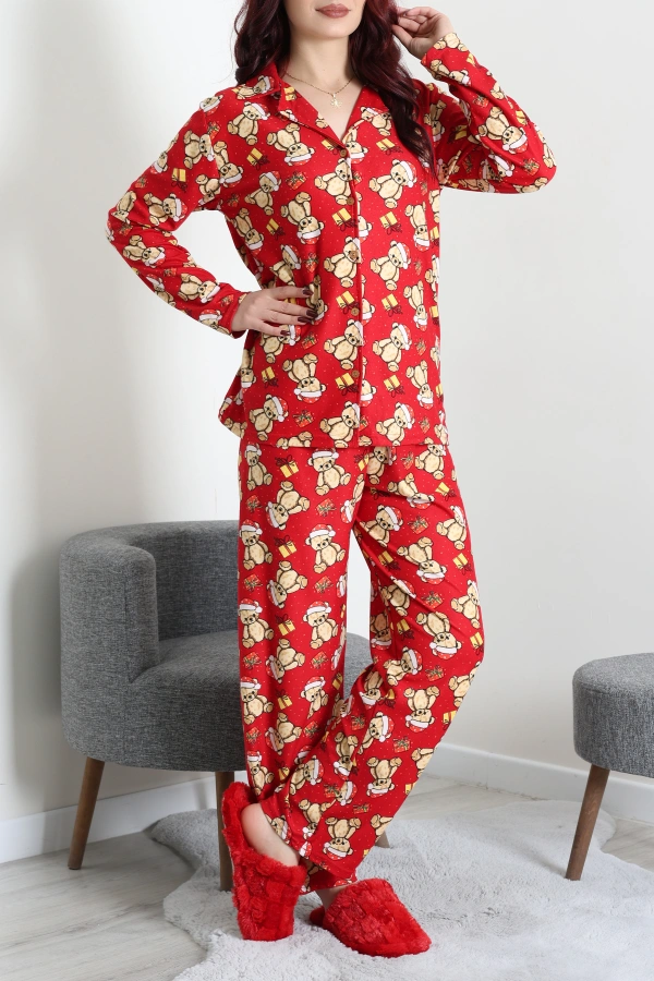 Kadın Kırmızıvizon Süet Düğmeli Rahat Pijama Takımı 3
