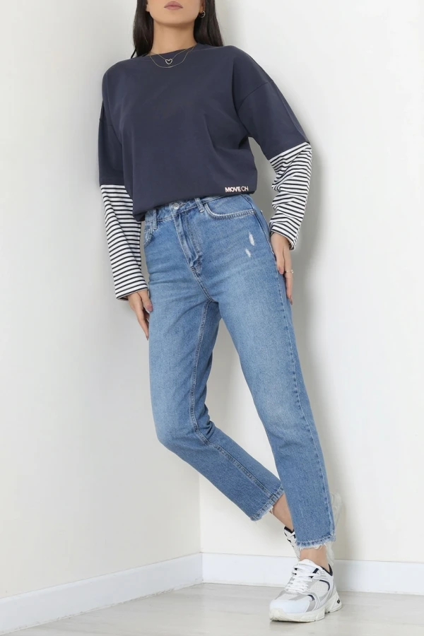 Kadın Mavi Mom Fit Yüksek Bel Pamuklu Kot Pantolon 3