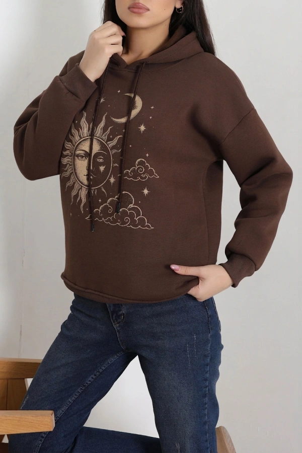 Kadın Kahve Üç İplik Kapüşonlu Baskılı Oversize Sweat 5