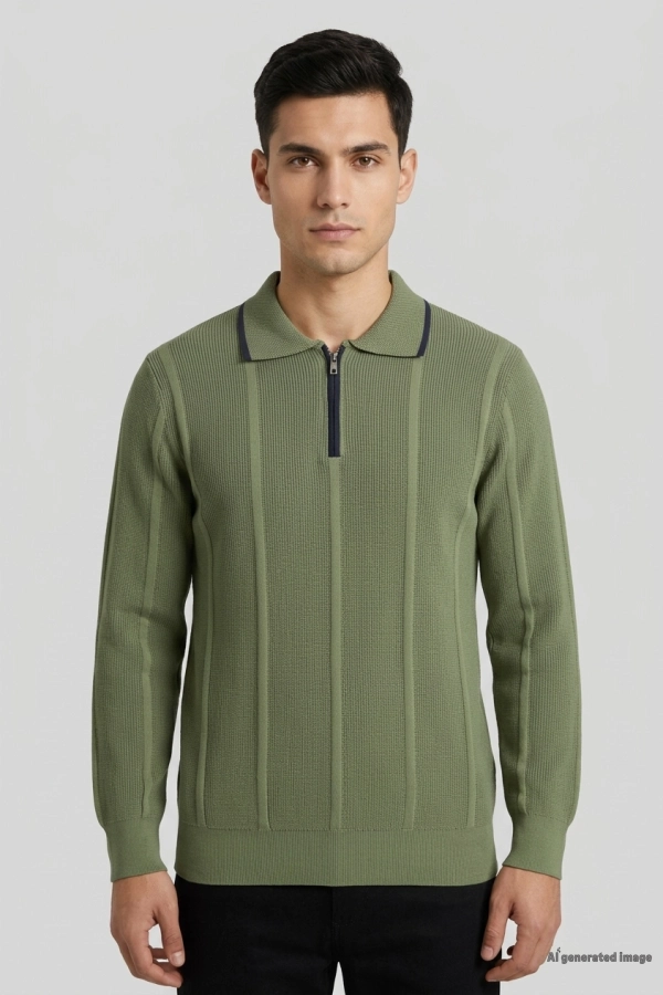 Çizgili Polo Yaka Erkek Triko Sweat Haki