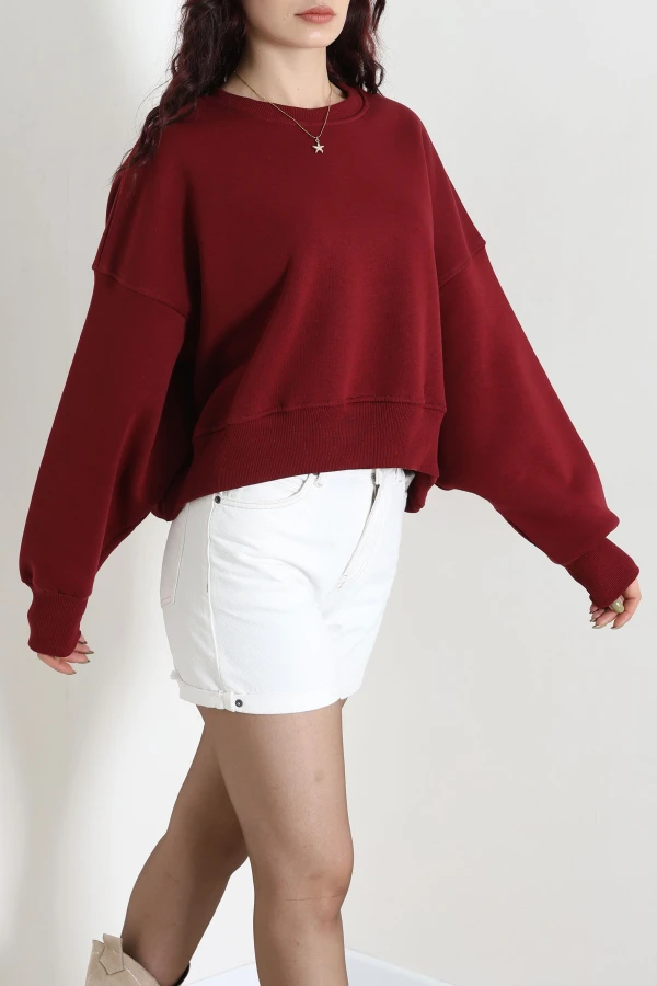 Oversize 3 İplik Şardonlu Sweat Bordo 3