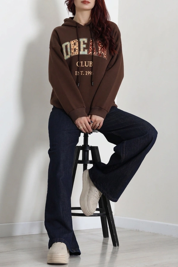 Kadın Kahve Üç İplik Baskılı Kapüşonlu Sweat Tunik 2