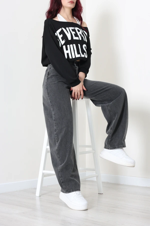 Kadın Füme Baggy Fit Yüksek Bel Wide Leg Kot Pantolon 5