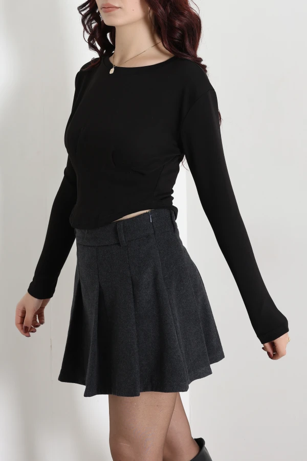 Pileli Modal Crop Bluz Siyah 4