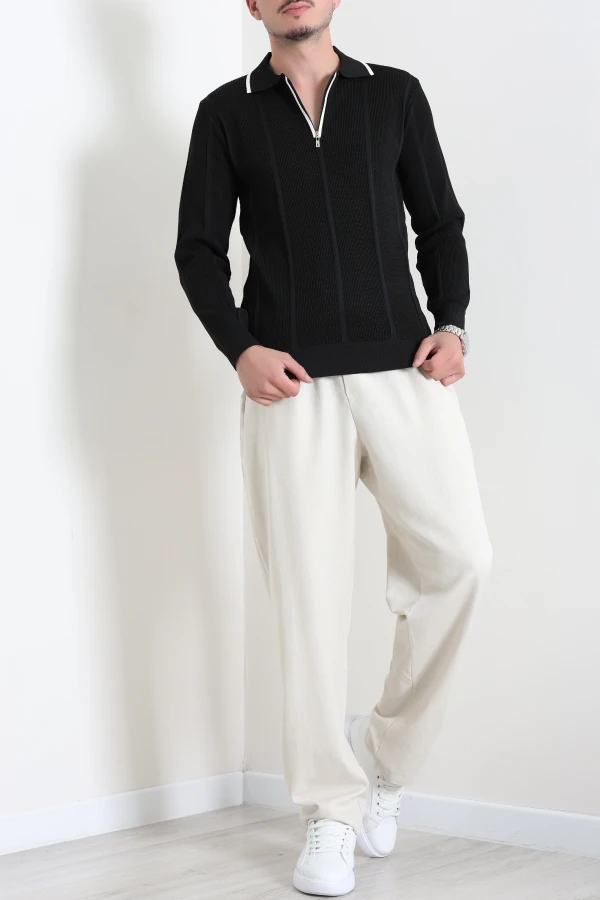 Çizgili Polo Yaka Erkek Triko Sweat Siyah 6