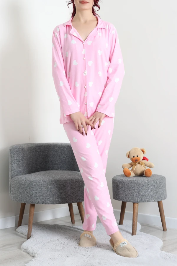 Kadın Pembe Kalpli Süet Düğmeli Pijama Takımı 3