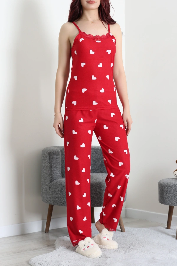 Kadın Kırmızı Beyaz Süet 3'lü Pijama Takımı 2