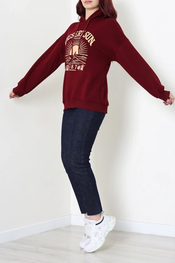 Kadın Bordo Üç İplik Kapüşonlu Baskılı Sweat Tunik 6
