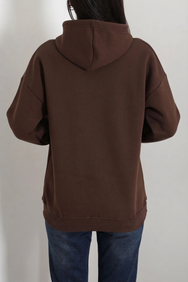 Kadın Kahve Üç İplik Kapüşonlu Baskılı Sweat Tunik 8