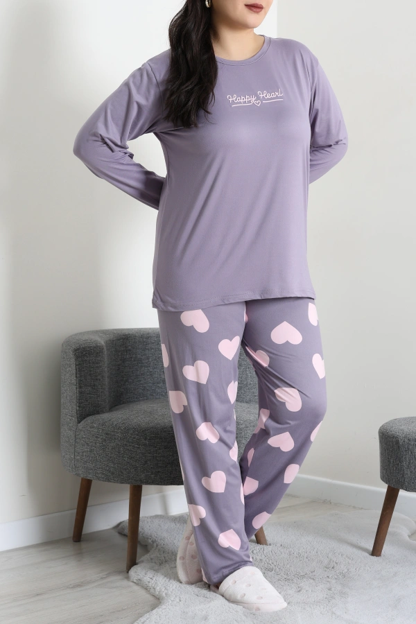 Kadın Mor Büyük Beden Baskılı Pamuklu Pijama Takımı 4