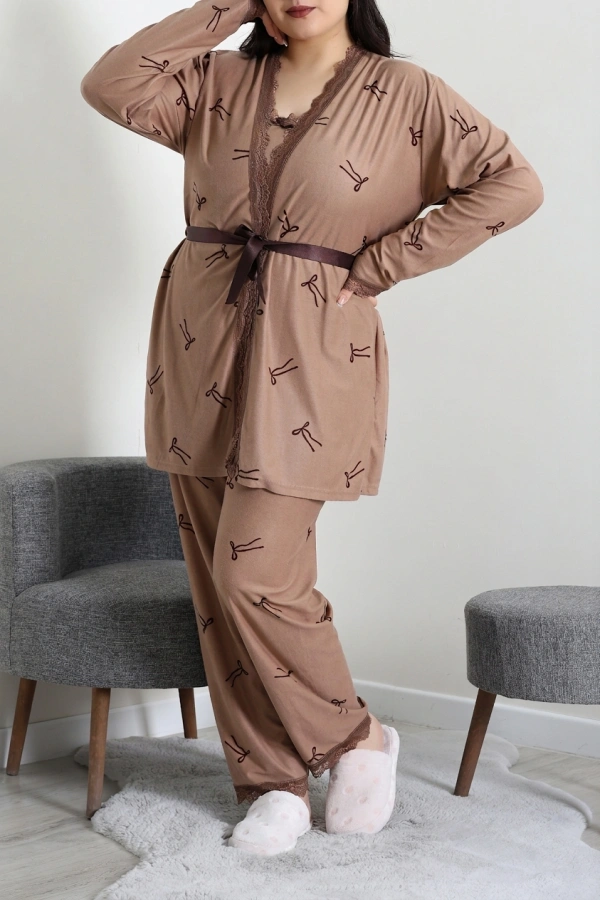 Kadın Vizon Süet 3'lü Büyük Beden Pijama Takımı