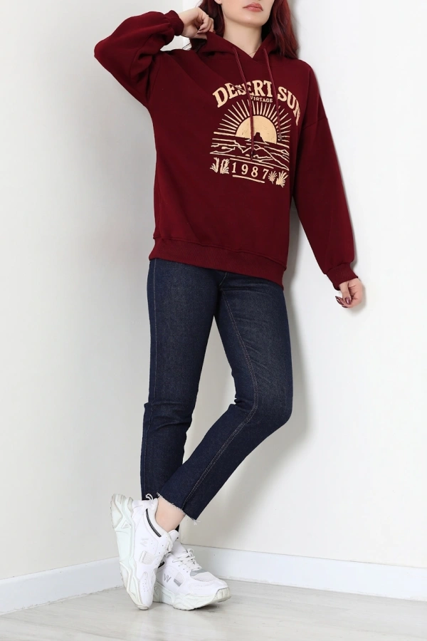 Kadın Bordo Üç İplik Kapüşonlu Baskılı Sweat Tunik 4