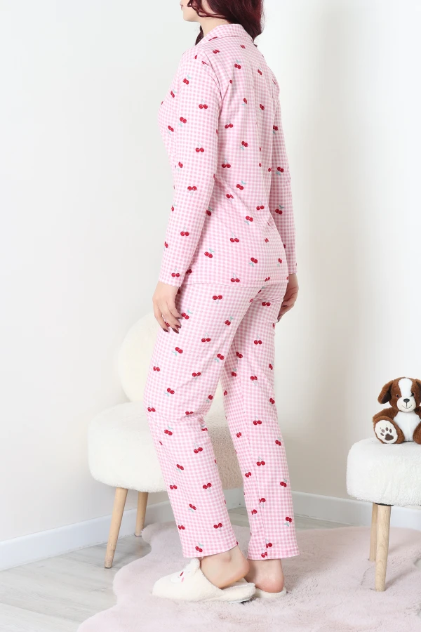 Kadın Pembe Süet Düğmeli Pijama Takımı Kiraz Baskılı 8