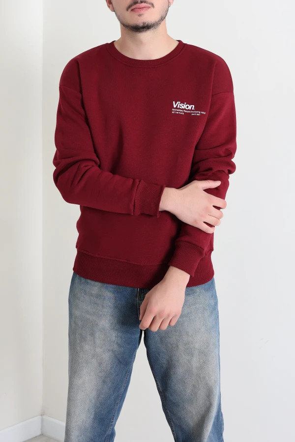 Bisiklet Yaka Baskılı Şardonlu 3 İplik Erkek Sweat Bordo 4