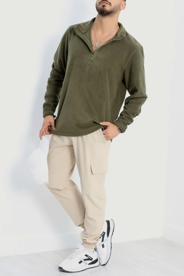 Yarım Fermuar Erkek Polar Sweat Haki 3
