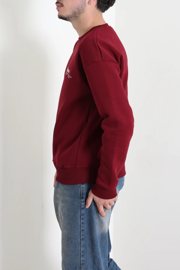 Bisiklet Yaka Baskılı Şardonlu 3 İplik Erkek Sweat Bordo 6