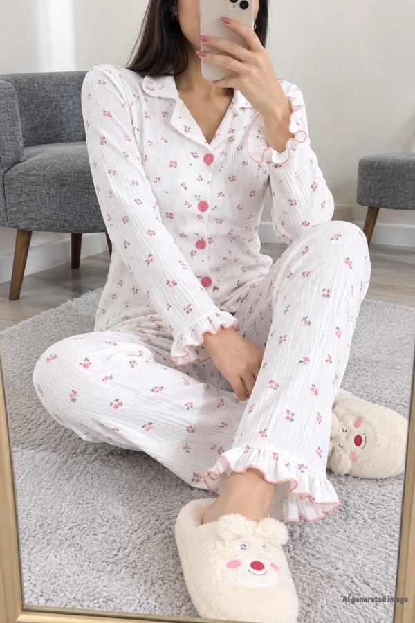 Kadın Beyazpembe Bürümcük Düğmeli Rahat Pijama Takımı