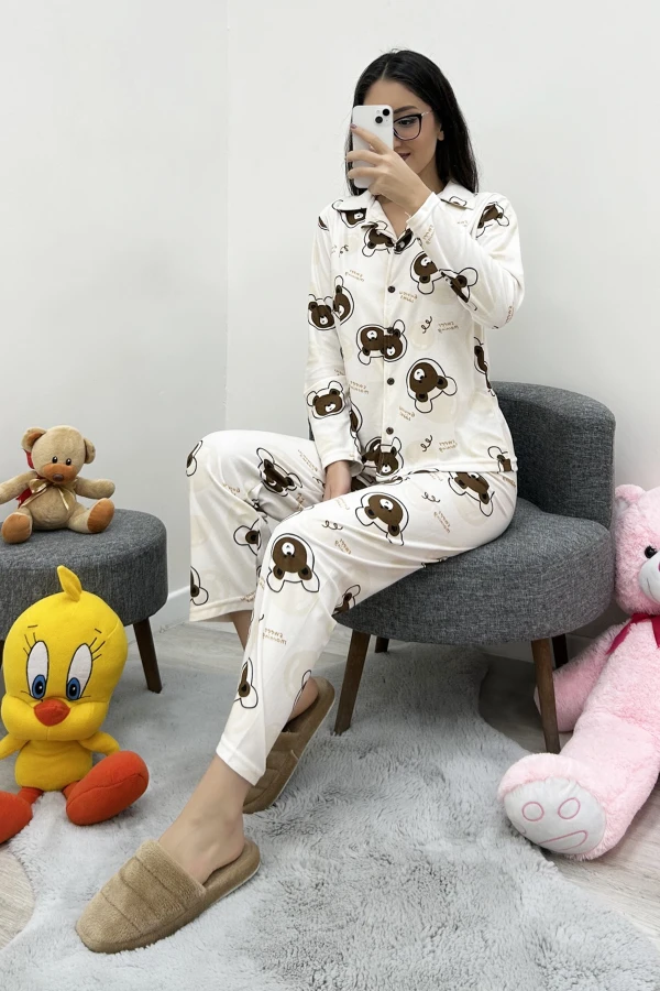 Süet Düğmeli Pijama Takımı Bejkahve 9