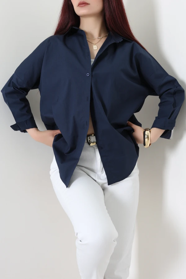 Oversize Poplin Gömlek Lacivert 5
